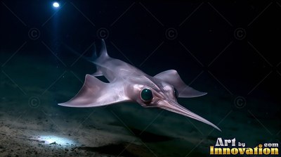 Pale longnose chimaera swimming over dark ocean sand