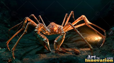 Crouched low on a rocky seabed, an orange spider crab faces forward
