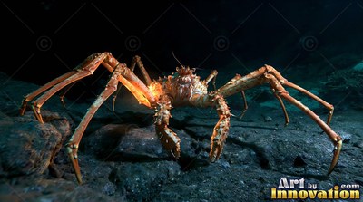 A spiny crab with long legs crawls across the dark sea floor under a light