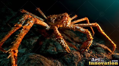 On dark seabed rocks, a spiky orange crab crawls toward the light