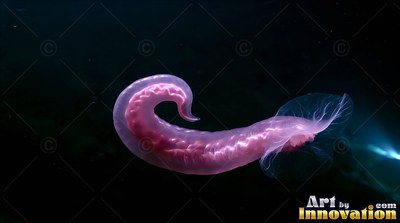 Curling in the dim water, a pink sea cucumber drifts past a beam of light