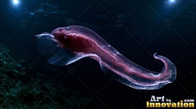 Pink inner organs show through a clear snailfish swimming in dark deep ocean water