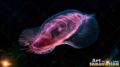 A pink sea cucumber swims through black water with bright light revealing its clear skin