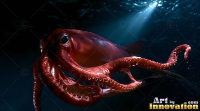 A red giant squid swims through dark ocean water under a beam of sunlight
