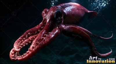 In dim ocean water, a red giant squid opens its suckered arms