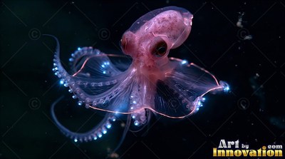 Tiny pink translucent octopus swimming in dark water with bright blue spots