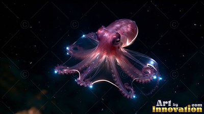 Translucent pink skin defines a small octopus floating through completely deep black water with bright blue points on its arms