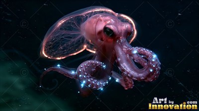 A small pink octopus drifts in the dark with blue lights shining along its curled arms