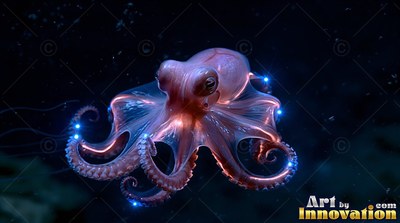 Facing forward in deep water, a pink octopus curls its tentacles tipped with blue light