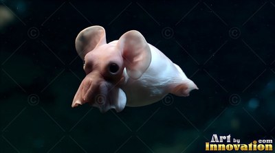 A small pale dumbo octopus floats forward through deep water