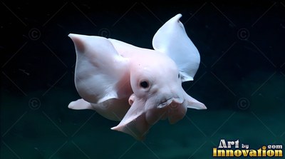 A pale pink dumbo octopus swims forward in shadowy ocean water