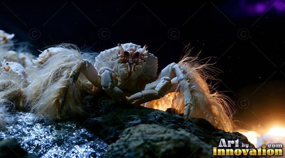 Hairy pale claws extend from a white crab resting on dark rocks under water deep below