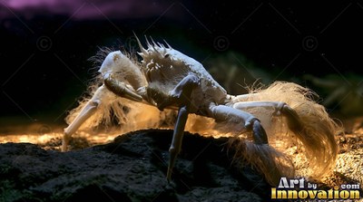 Crouched in three-quarter view, a hairy white crab crawls over dark ocean rock