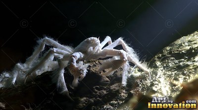 A hairy white crab crawls over dark rocks in a beam of light underwater