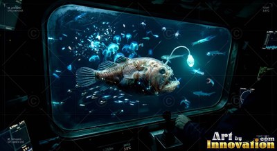 Outside a dark submarine window, an anglerfish swims near small jellyfish