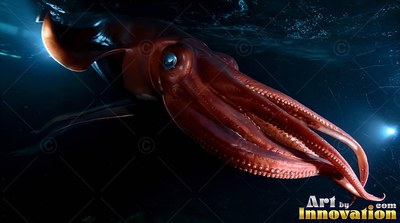 A reddish giant squid swimming forward in the dark water