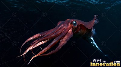 Curled reddish tentacles spread wide as a squid glides through pitch black ocean water