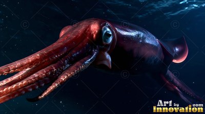 A giant squid swims forward through dark blue water, its reddish skin catching pale light