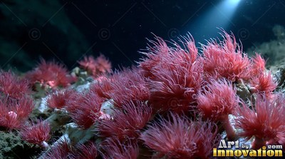 Spreading upward on dark seabed rock, pink sea anemones cluster together in a bright beam