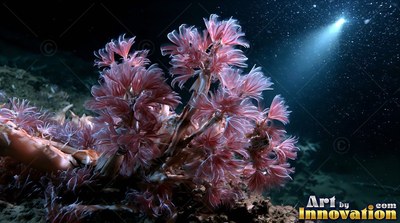 Clusters of pink sea anemones bloom on dark rocks under a single beam of light