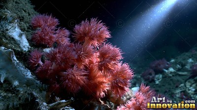 On the shadowy ocean floor, pink sea anemones grow under a beam of light