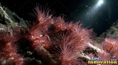 Sprouting from rocky ocean floor, pink sea anemones sit under a spotlight in black water