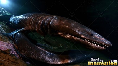 A dark frilled shark with sharp white teeth swims over a rocky seabed in deep water