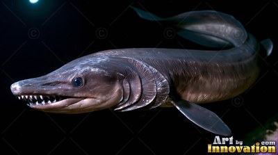 In pitch inky water, a dark frilled shark swims forward with open jaws