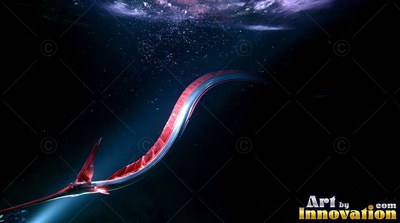 Long red dorsal fin along a silver oarfish curving through dark blue deep sea water