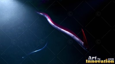 A long red eel swims through shadowy water into a beam of cool blue light