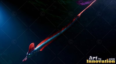 Swimming diagonally through shadowy water, an oarfish with red fins