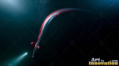 A long silver and red oarfish curves through deep water in a beam of light