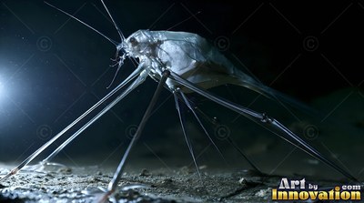 Standing on thin stilts, a pale tripod fish rests on the deep ocean floor in dim blue light