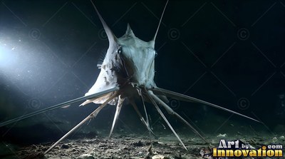 Long spiny fins support a pale tripod fish standing on the shadowy ocean floor in a beam of light