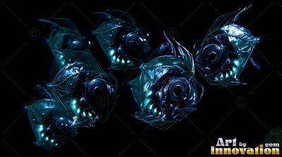 Small deep-sea fish swim together in the dark, shining with blue belly lights