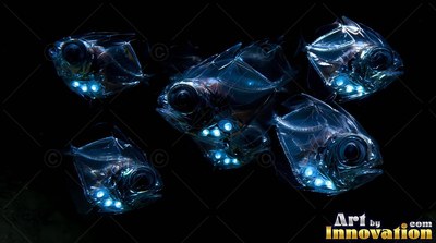 Swimming forward in inky water, silver hatchetfish with bright blue bellies