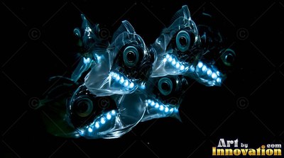 Hatchetfish swim together in the black water with bright blue lights on their bellies