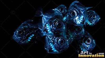 In black water, a small school of shiny blue hatchetfish swims together