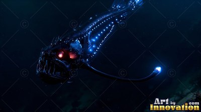 Swimming in the dark, a black anglerfish shines with red eyes and blue dots
