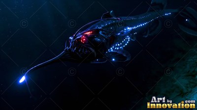 Dark anglerfish with bright blue lights swimming in deep water