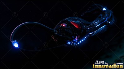 Sharp red eyes shine on an anglerfish swimming with a blue lure through dark water