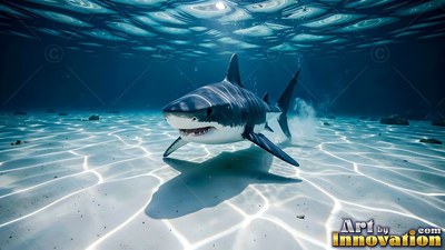 In shallow turquoise water, a gray shark swims over sunny pale sand