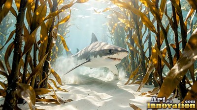Swimming over sandy ground, a white shark glides between brown kelp stalks in sunlight