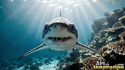 Great white shark swimming forward under sunlight in clear water