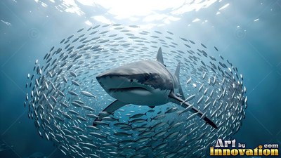 Pointed gray snout leading, a great white shark glides through a circle of small silver fish in blue ocean water
