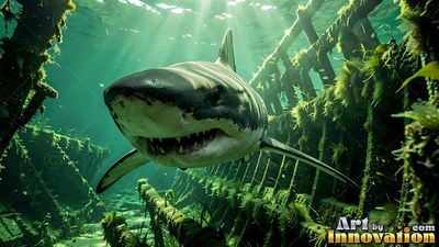 A great white shark moves toward the front through a wooden shipwreck under green water