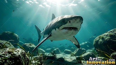 Swimming forward, a shark glides over mossy rocks in sunlit green water