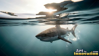 A great white shark swims just below the sunlit surface of blue water