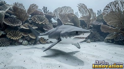 In front of a coral reef, a gray shark swims across the white sand