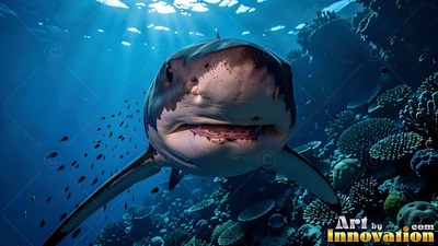 Swimming head-on, a great white shark bares its teeth in deep bright blue water by a reef